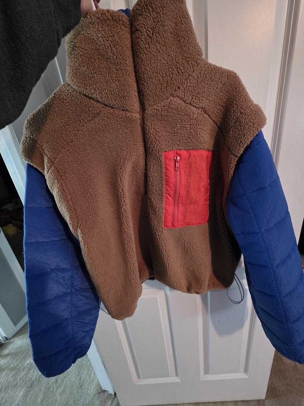 Teddy Sherpa Jacket with Blue Puffer Sleeves and Red Pocket